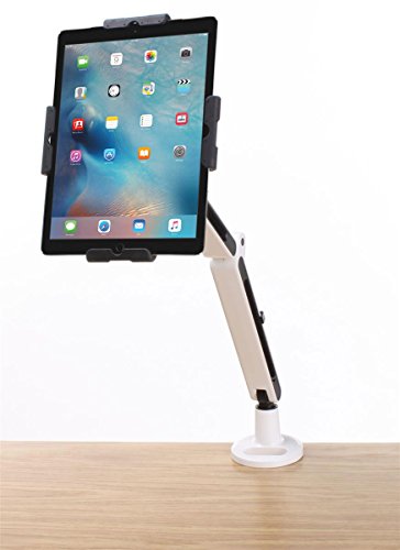 Displays2go, Tablet Desk Holder, Aluminum Construction, Locking Design – White, Black Finish (IPROFLXTDA)
