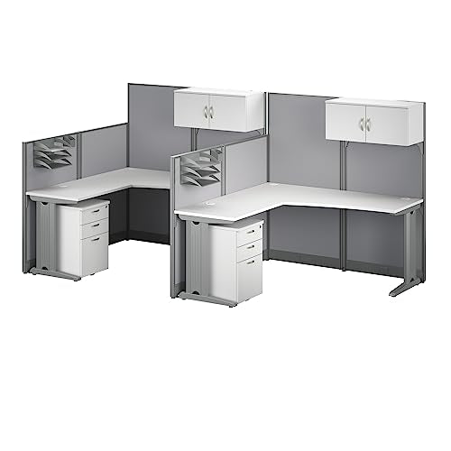 Bush Business Furniture Office in an Hour L Shaped Cubicle Desks with Storage and Privacy Panels | Double Workstation Set, Pure White