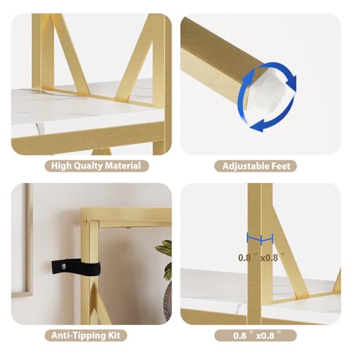 HolliWill Gold Book Shelves Set of 2 - 70'' H Etagere Bookcase with Metal Frame, 110'' W Modern White Wood Shelf