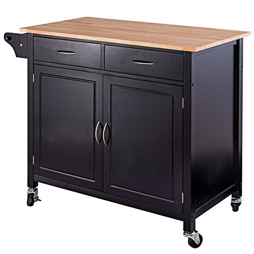 CHEFJOY Kitchen Rolling Cart w/ 2 Drawers 2-Door Cabinet Adjustable Shelf Wood Top Island Serving Utility Storage Cart w/Lockable Wheels Towel Rail Handle (Dark Brown)