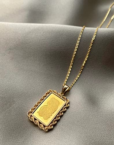 IROLD Solid 14K Yellow Gold Rope Design Coin Frame Necklace 1-2.5-5 Gram, 22 Inches