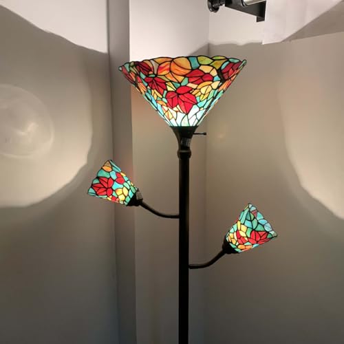 Bieye Tiffany Style Maple Tree Leaves Stained Glass Torchiere Floor Lamp, 70-inches Tall