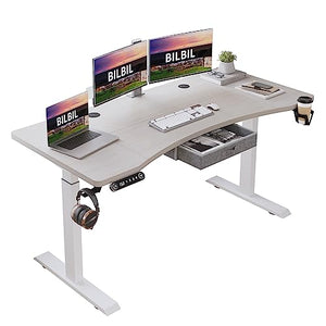 bilbil Electric Standing Desk with Drawer, Height Adjustable Sit Stand Up Desk, 63x30 Inches, Pale Pearwood Top/White Frame