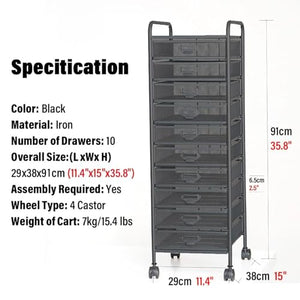 SaiFfe Mesh File Storage Drawer Cart with 4 Swivel Casters - Black, 10 Drawers