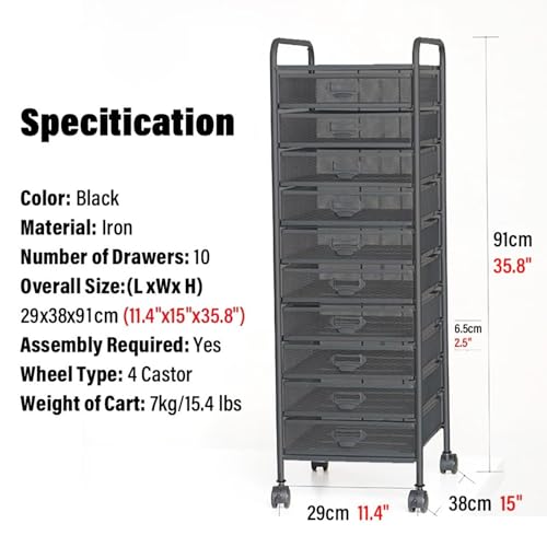 SaiFfe Mesh File Storage Drawer Cart with 4 Swivel Casters - Black, 10 Drawers
