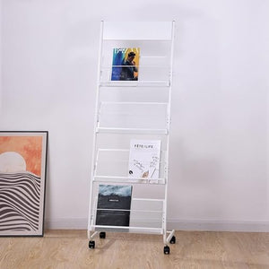 TIST Rolling Magazine Rack with 4 Mesh Pockets, L-Shaped Literature Display - Black/White