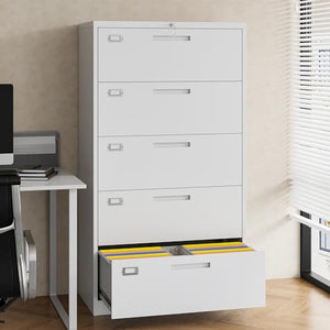 STANI 5 Drawer Metal File Cabinet with Lock - White, Home Office Lateral Filing Cabinet
