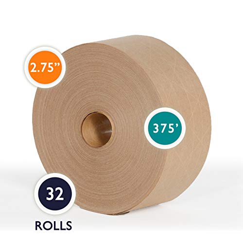 PackageZoom Water Activated Reinforced Kraft Paper Gummed Tape, 2.75 Inches x 375 Feet x 32 Brown Rolls (12,000 Feet in Total)