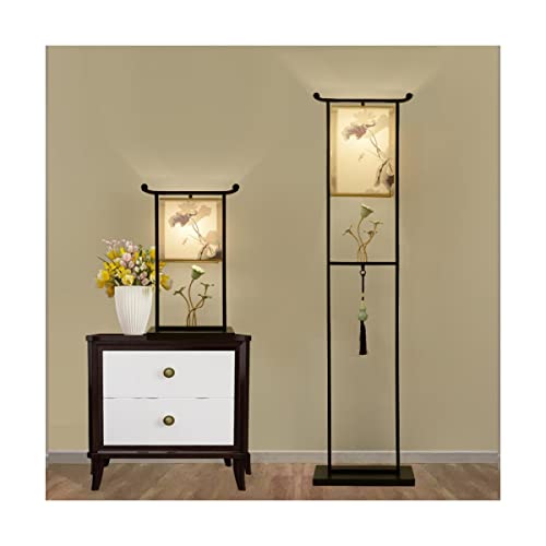 VejiA Chinese Ceramic Lotus Floor Lamp with Fabric Shade - Retro E27 Dimmable Standing Reading Light