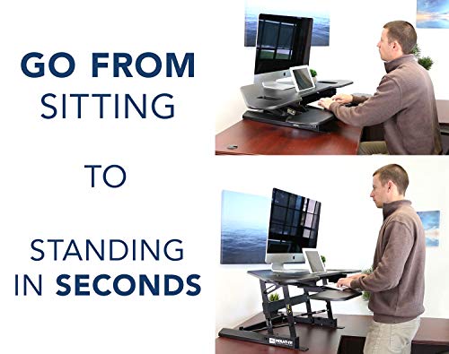 Mount-It! Corner Standing Desk Converter | Height Adjustable 48” Wide Desktop | Corner Stand Up Desk with Gas Spring Handle | Stand Up Computer Workstation with Ergonomic Keyboard Tray | Black