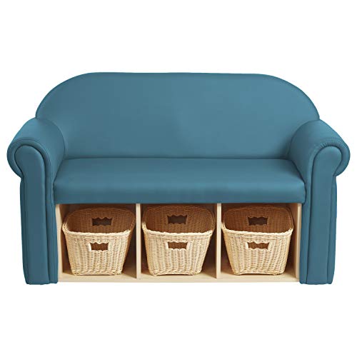 FDP Little Lux Upholstered Kids Sofa with Storage Compartments and Woven Baskets, Plush Furniture for Children Rooms - Teal