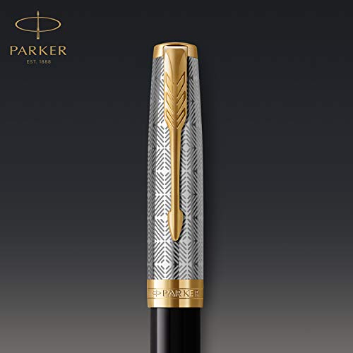 PARKER Sonnet Rollerball Pen | Premium Metal and Black Gloss Finish with Gold Trim | Fine Point with Black Ink Refill | Gift Box
