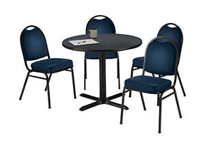 KFI Seating Round Laminate Top Pedestal Table with 4 Navy Vinyl Armless Stack Chairs, 42" Diameter, Graphite Nebula