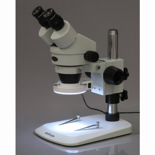 AmScope SM-1BN-64S Professional Binocular Stereo Zoom Microscope, WH10x Eyepieces, 7X-45X Magnification, 0.7X-4.5X Zoom Objective, 64-Bulb LED Ring Light, Pillar Stand, 110V-240V
