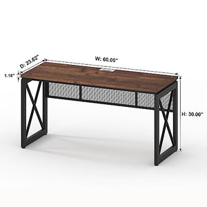 BON AUGURE 60 Inch Computer Desk for Home Office, Industrial Metal Wood Farmhouse Writing Desk