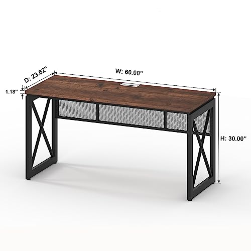 BON AUGURE 60 Inch Computer Desk for Home Office, Industrial Metal Wood Farmhouse Writing Desk