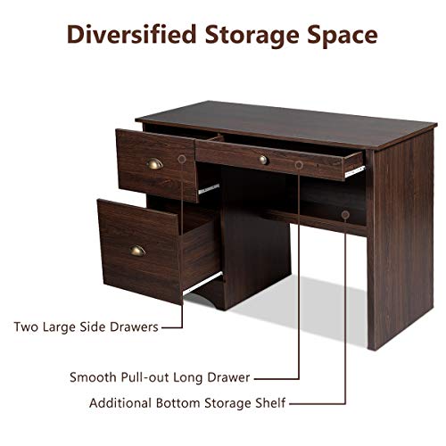 Tangkula Computer Desk, Wood Frame Home Office Desk with Storage Drawer and Shelf, Computer Workstation with Spacious Desktop, Ideal for Bedroom, Living Room, Office (Walnut)