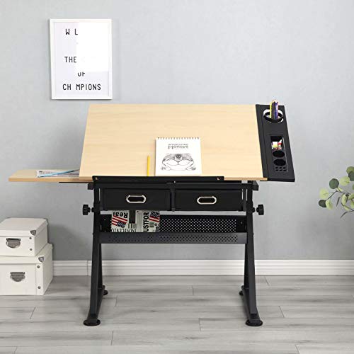 Drafting Desk Drawing Table Art Craft Work Station with Stool, Adjustable Height & Top Tilting Study Table Laptop Desk for Drawing, Reading, Writing