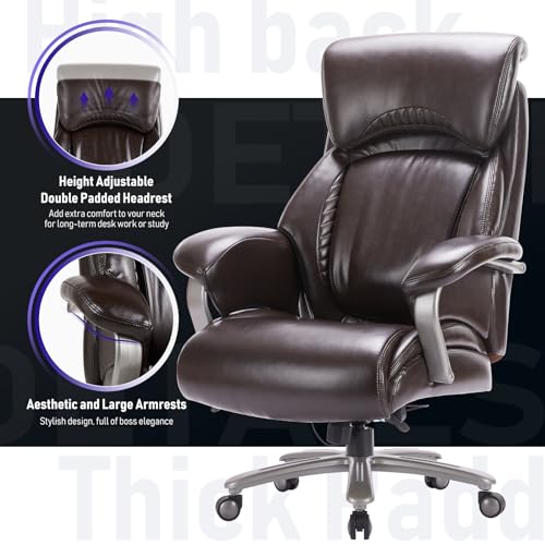 COLAMY Big and Tall Office Chair 500lbs-Heavy Duty Executive Computer Desk Chair, Ergonomic Leather, Adjustable Lumbar Support, Brown
