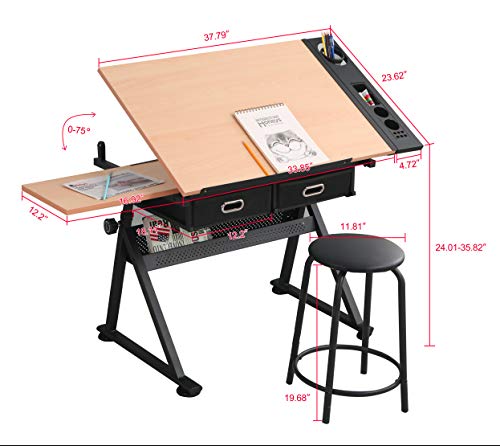 Waful Drafting Drawing Art Table Desk with Tiltable Tabletop and Storage Drawers