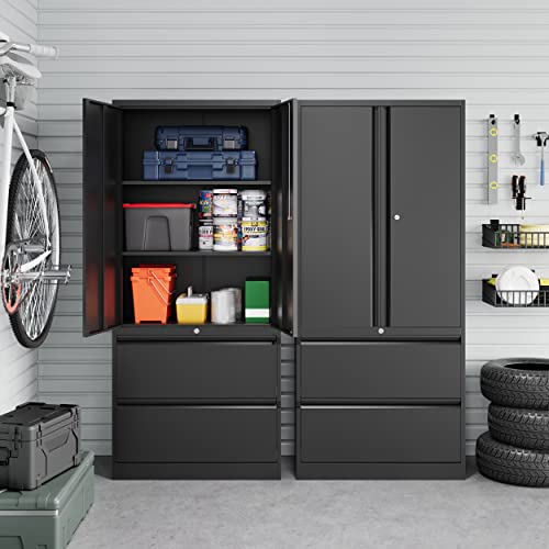 Fesbos 71" Metal Storage Cabinet with Lock - Black Heavy-Duty Garage Tool Cabinet