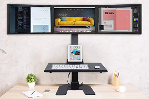 Mount-It! Triple Monitor Electric Standing Desk Converter | Height Adjustable Sit-Stand Converting Desk for Home, Office | Stand-Up Computer Workstation with Three Monitor Mount