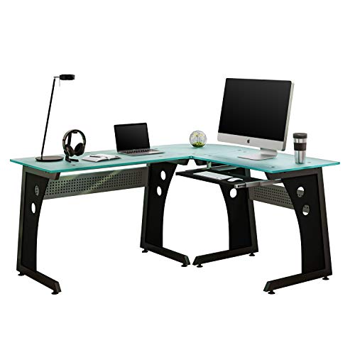 Techni Mobili Deluxe Tempered Frosted Glass L Shaped Corner Desk With Pull Out Keyboard, Graphite