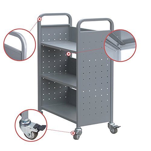 H&A Heavy Duty 4-Wheel Rolling Library Book Cart, 3 Shelves, Grey