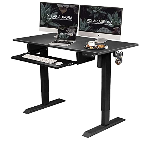 Polar Aurora Electric Height Adjustable Standing Desk W/Drawer & Hook, 48 x 24 Inches Sit Stand Workstation Computer Desk for Home Office Black Frame & Top