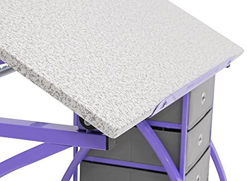 Offex The Comet Center Plus Adjustable Top Craft Table with 24" Pencil Ledge, 3 Drawers and Matching Padded Stool - Purple/Spatter Gray