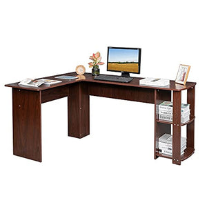 GUOOK Multipurpose Table Computer Desk L-Shaped Home Office Workstation Desk with 2-Layer Storage Rack, Wooden Right-Angle Computer Desk