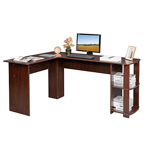 GUOOK Multipurpose Table Computer Desk L-Shaped Home Office Workstation Desk with 2-Layer Storage Rack, Wooden Right-Angle Computer Desk