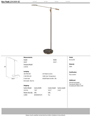 ET2 E41009-BZ Eco-Task LED Floor Lamp, Bronze Finish, Glass, PCB LED Bulb, 8W Max., Dry Safety Rated, 2700K Color Temp., Standard Dimmable, Shade Material, 1650 Rated Lumens