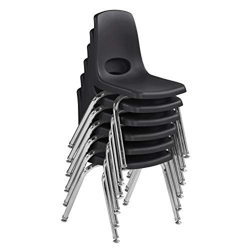 FDP 14" School Stack Chair, Stacking Student Seat with Chromed Steel Legs and Nylon Swivel Glides; for in-Home Learning or Classroom - Black (6-Pack), 10364-BK