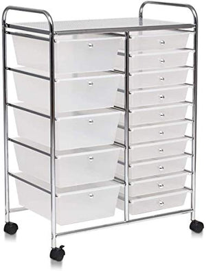 SPSUPE 15-Drawer Multipurpose Rolling Storage Cart with 4 Universal Wheels, Clear