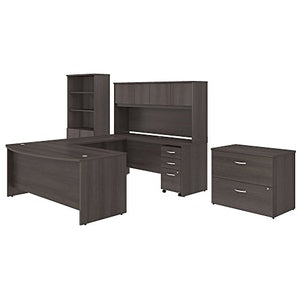Studio C 72W x 36D U Shaped Desk with Hutch, Bookcase and File Cabinets in Storm Gray