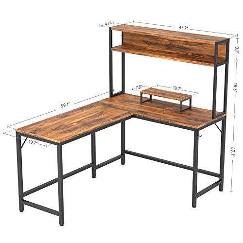 CubiCubi L-Shaped Desk with Hutch,59" Corner Computer Desk,Home Office Gaming Table Workstation with Storage Bookshelf,Dark Rustic