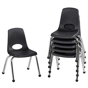 FDP 14" School Stack Chair, Stacking Student Seat with Chromed Steel Legs and Ball Glides; for in-Home Learning or Classroom - Black (6-Pack), 10363-BK