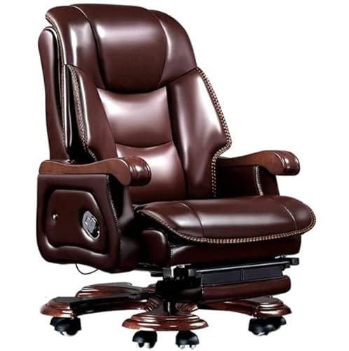 Kinnls Fully Reclining Massage Office Chair, Genuine Leather, Adjustable Back, Retractable Footrest (Coffee)