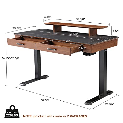 EUREKA ERGONOMIC Electric Standing Desk with Drawers, 55" Height Adjustable, Monitor Shelf, APP Control, Sintered Stone Desktop - Black/Walnut