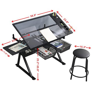 LIFE SKY Adjustable Glass Drafting Table - Tempered Glass Artists Drawing Table with Storage