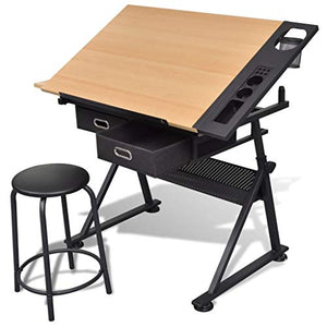 Tidyard Two Drawers Tiltable Tabletop Drawing Table with Stool, Hobby, Drawing, Drafting, Adjustable Drawing Desk and Chair