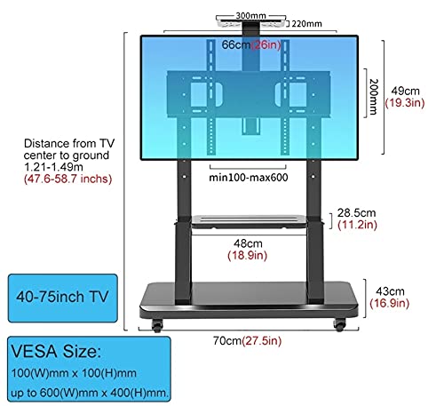 Generic Adjustable Mobile TV Floor Stand/Cart - Black TV Stand On Wheels - Fits 50"/43"/65"/55" TVs