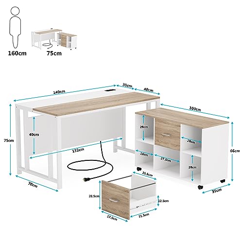 TRIBESIGNS WAY TO ORIGIN L-Shaped Computer Desk with Power Outlet and Drawer Cabinet, 55 inch Executive Office Desk with File Cabinet and Printer Stand, White
