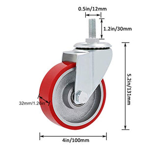 HAOYIWIC Office Chair Wheels 4pcs Swivel Stem Furniture Caster, Red Polyurethane Industrial Castors, M12x30mm Bolt Mount, Heavy Duty, 1323lb Max Capacity, Replacement for Carts, Trolley, Workbench