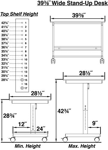 40” Mobile Adjustable Height Stand Up Desk with Monitor Mount (Black Shelves/Silver Frame)