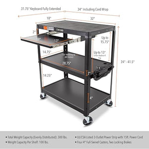 Stand Steady Line Leader Large Metal Utility Cart with Retractable Keyboard Tray | Height Adjustable 3 Tier Rolling Cart | Includes Power Strip & Cord Management | Easy Assembly (34in x 20in x 42in)