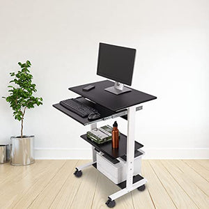 S Stand Up Desk Store Mobile Rolling Adjustable Height Standing Workstation with Printer Shelf and Keyboard Tray (White Frame/Black Top, 30" Wide)
