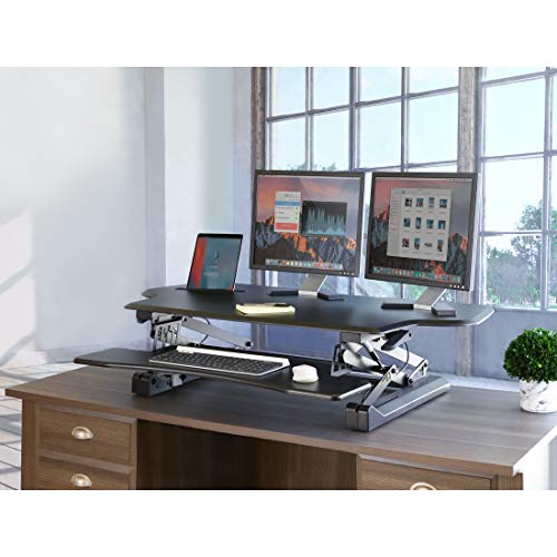 Seville Classics OFF65878 AIRLIFT 47" Extra-Wide Gas-Spring Height Adjustable Standing Desk Converter Workstation Ergonomic Dual Monitor Riser with Keyboard Tray and Phone/Tablet Holder, Large, Black