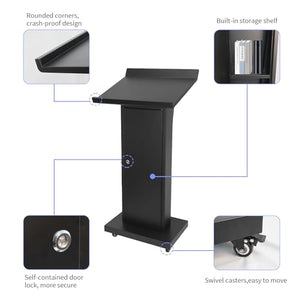 GARVIN Podium Stand with Locking Wheels, Slant Desktop, Large Storage - 50.4" H, Black